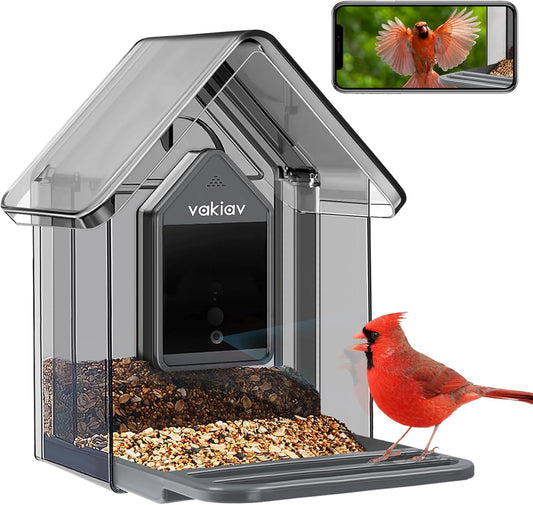 Vakiav Smart Bird Feeder™ with Camera, Free AI Forever, App Notify When Birds Detected,1080P HD Capture Bird, Stylish Appearance Bird House, (Only Support 2.4G WiFi)